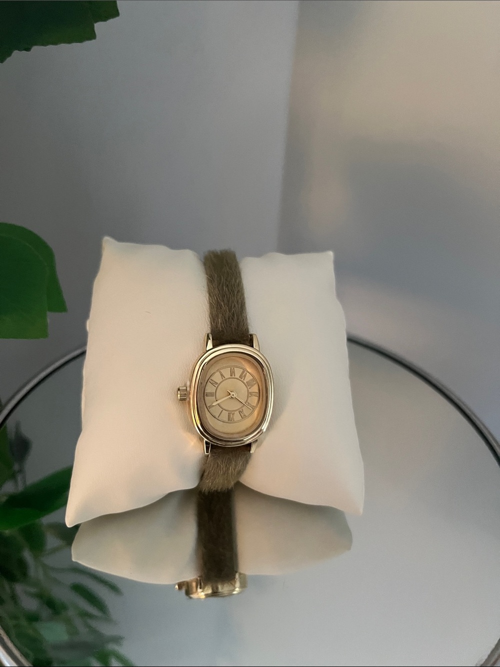 Gold-Tone Oval Watch with Olive Green Fur Strap